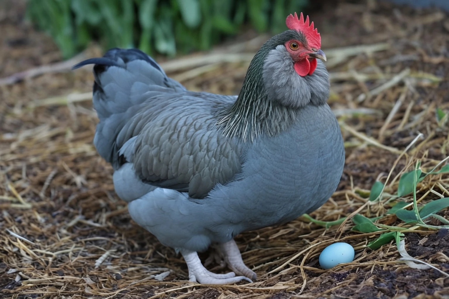 AI-generated editorial image of a gray-blue hen with cheek muffs standing beside a blue egg in a backyard
