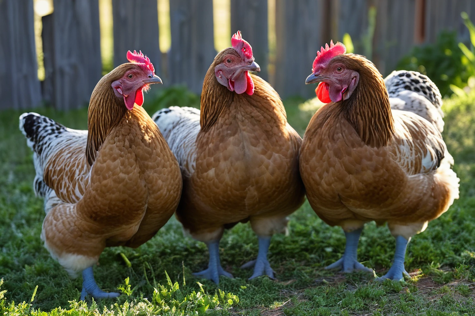 AI-generated editorial image of wheaten backyard hens with slate-blue shanks foraging near a wood fence