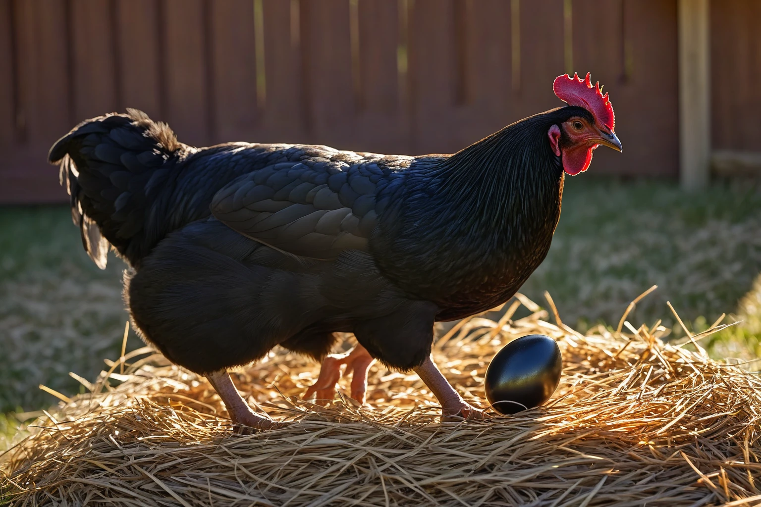 AI-generated editorial image of a Black Australorp hen standing on straw beside a dark brown egg