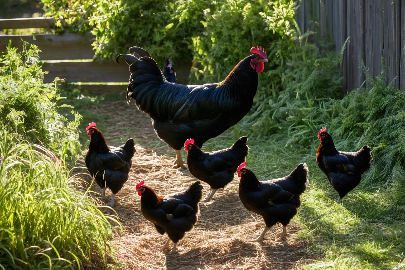 AI-generated editorial image of a Black Australorp flock foraging in a sunlit backyard beside a weathered wood fence