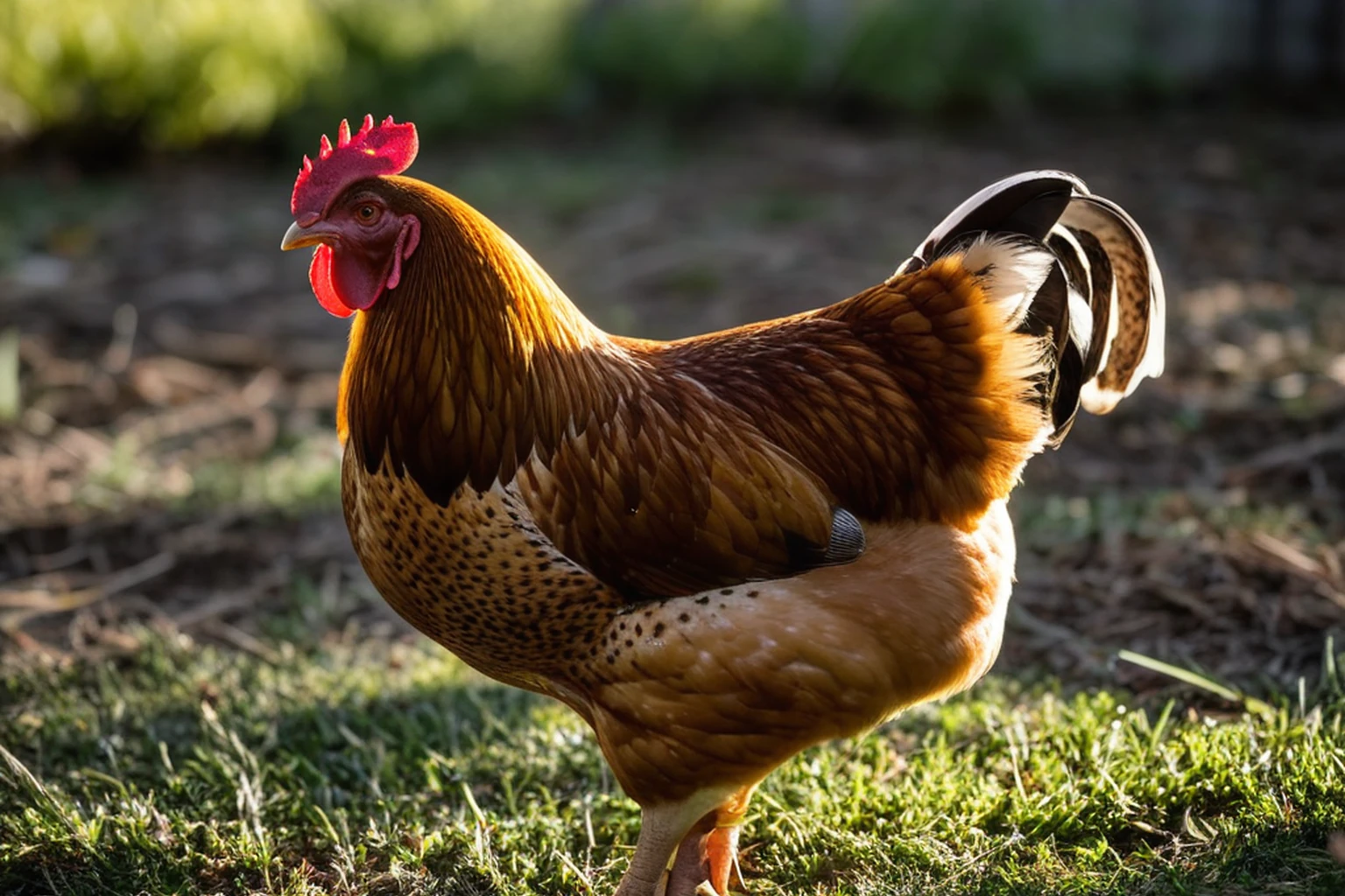 AI-generated editorial image of a brown hen with a single comb standing in grass