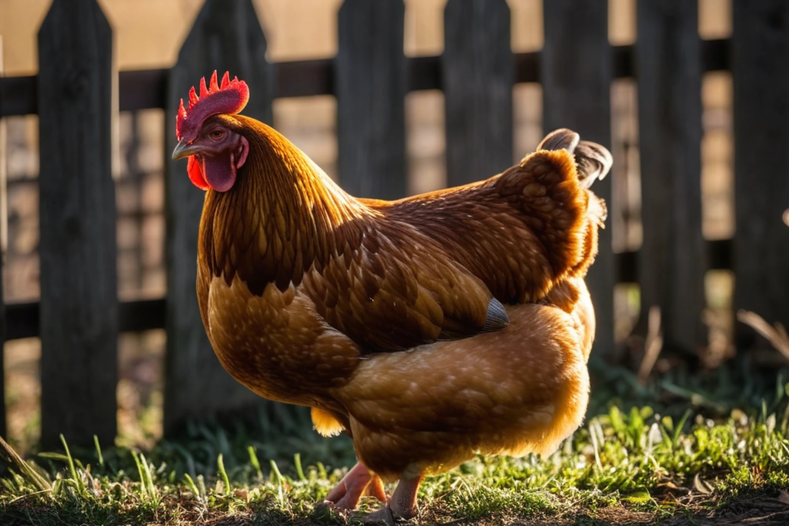 AI-generated editorial image of a brown hen in front of a wooden backyard fence