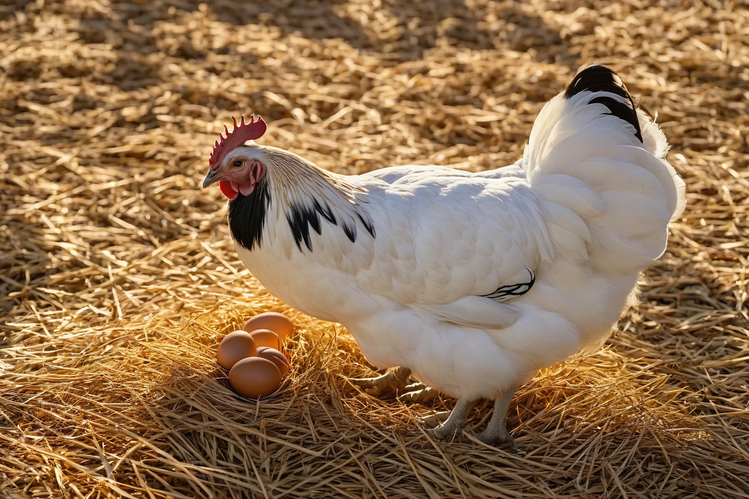 AI-generated editorial image of a Light Brahma hen with columbian plumage and brown eggs on straw