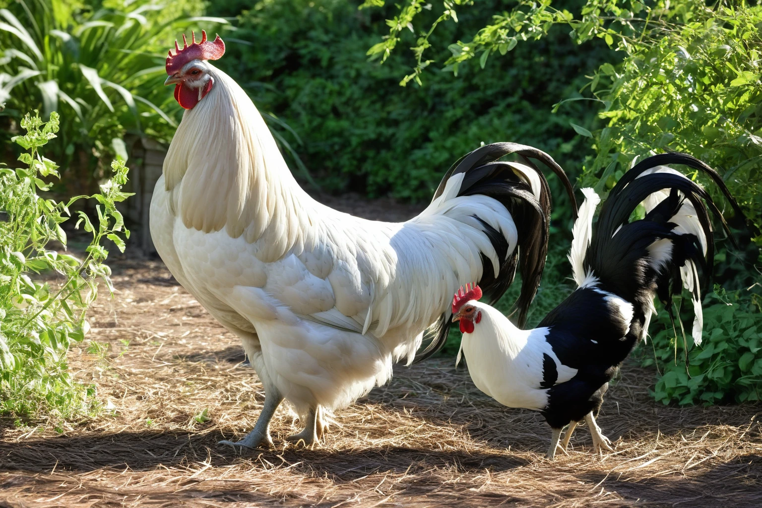 AI-generated editorial image of a Light Brahma rooster and hen foraging in a sunlit backyard