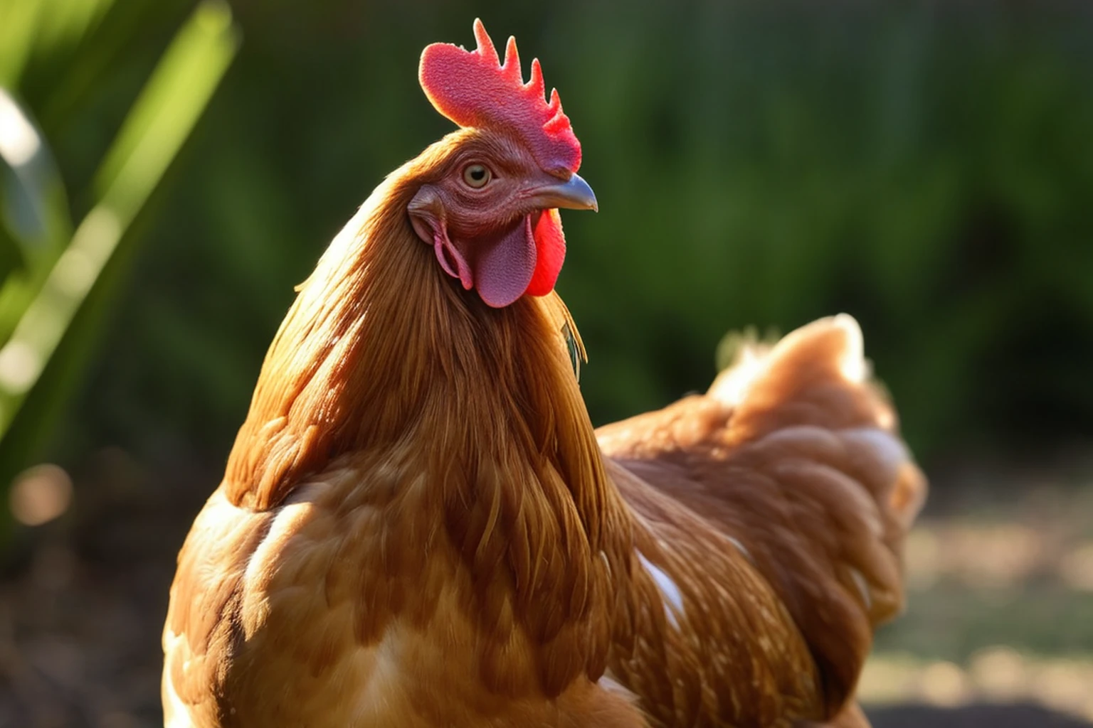 AI-generated editorial image of a buff hen with a single comb in a backyard