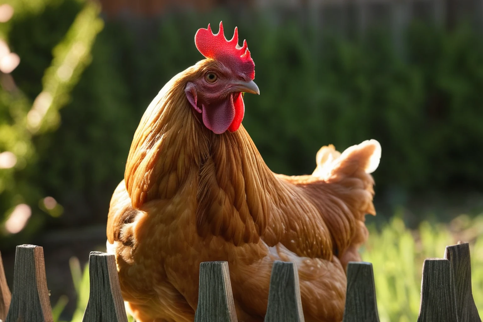 AI-generated editorial image of a buff hen behind a wooden backyard fence