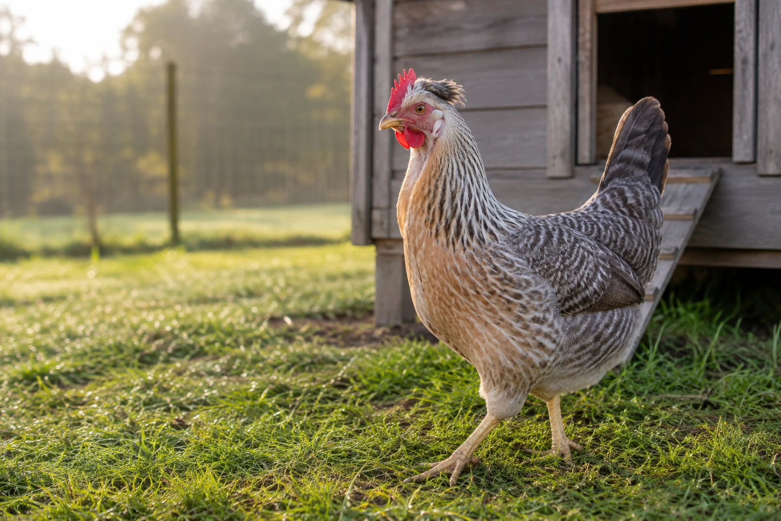 AI-generated editorial image of a crested barred chicken standing on grass beside a wooden coop