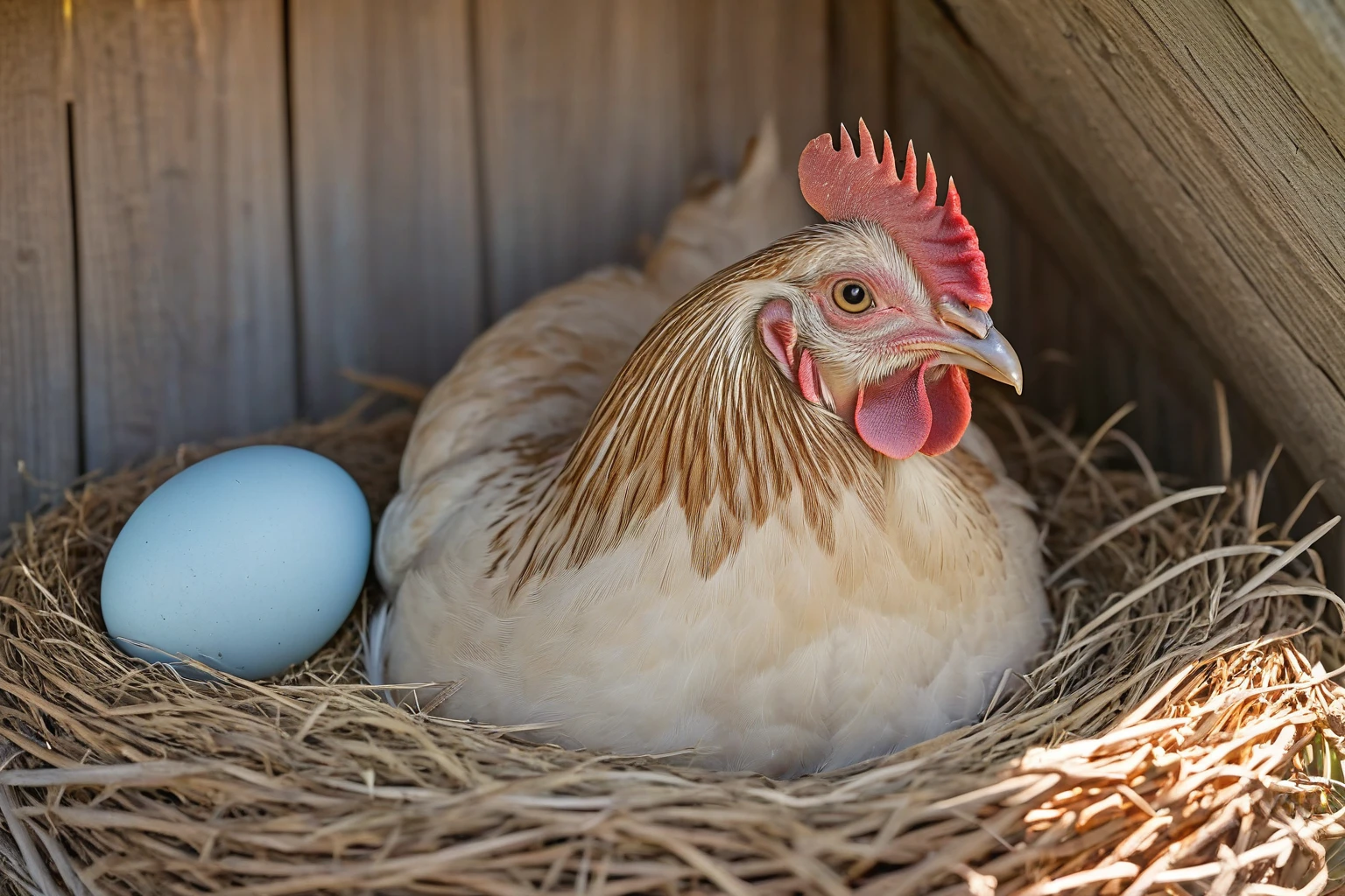 AI-generated editorial image of a crested Cream Legbar hen with a pale blue egg in a wooden nest box