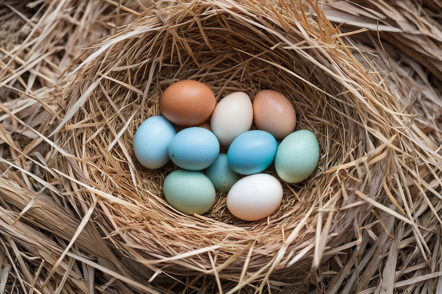 AI-generated editorial close-up of multi-colored Easter Egger eggs (sky blue, pale green, cream, tan) in a straw nest