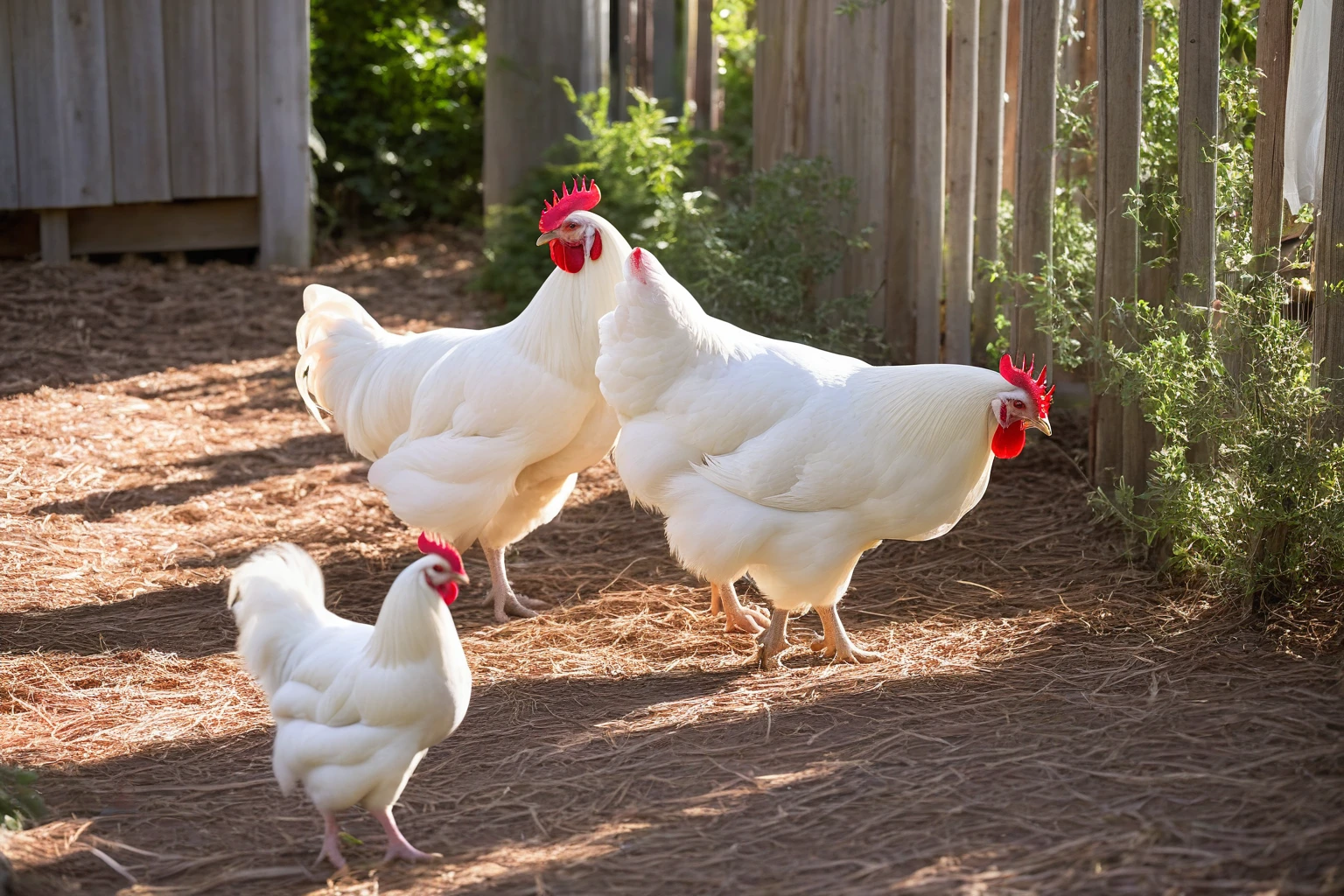 AI-generated editorial image of two White Leghorn chickens foraging on straw beside a wooden fence