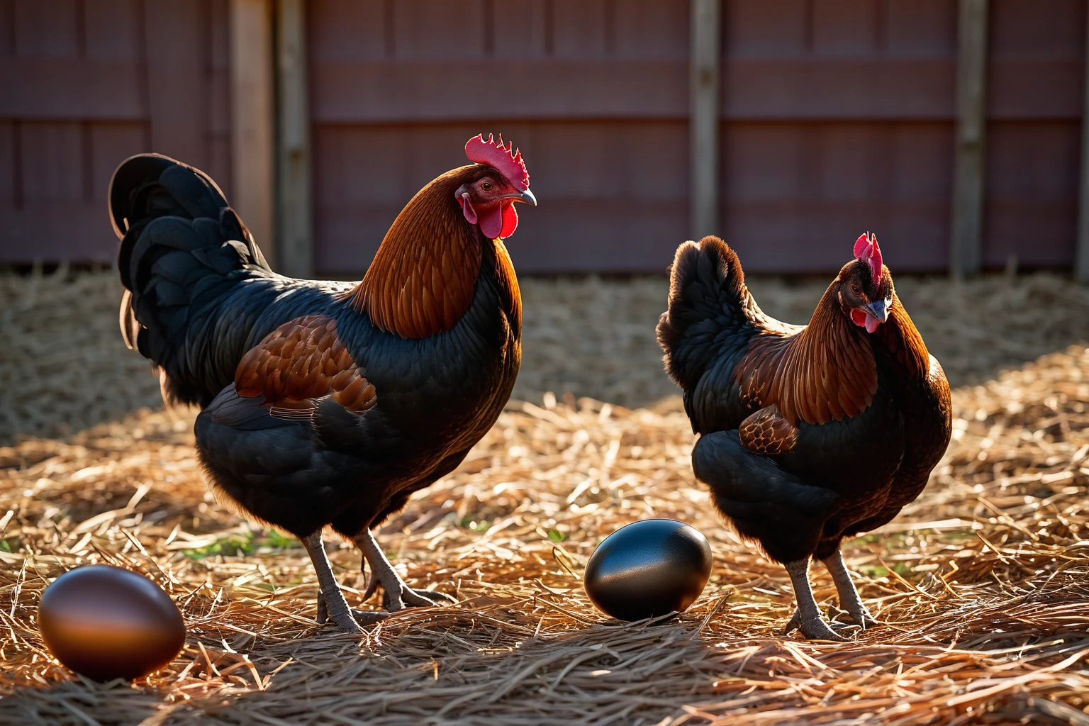 AI-generated editorial image of a Black Copper Marans hen standing on straw beside a dark chocolate-brown egg