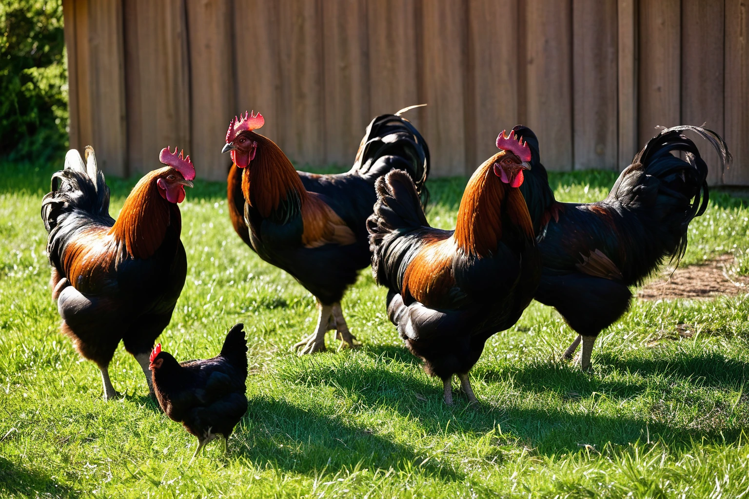 AI-generated editorial image of a Black Copper Marans flock foraging in a sunlit backyard