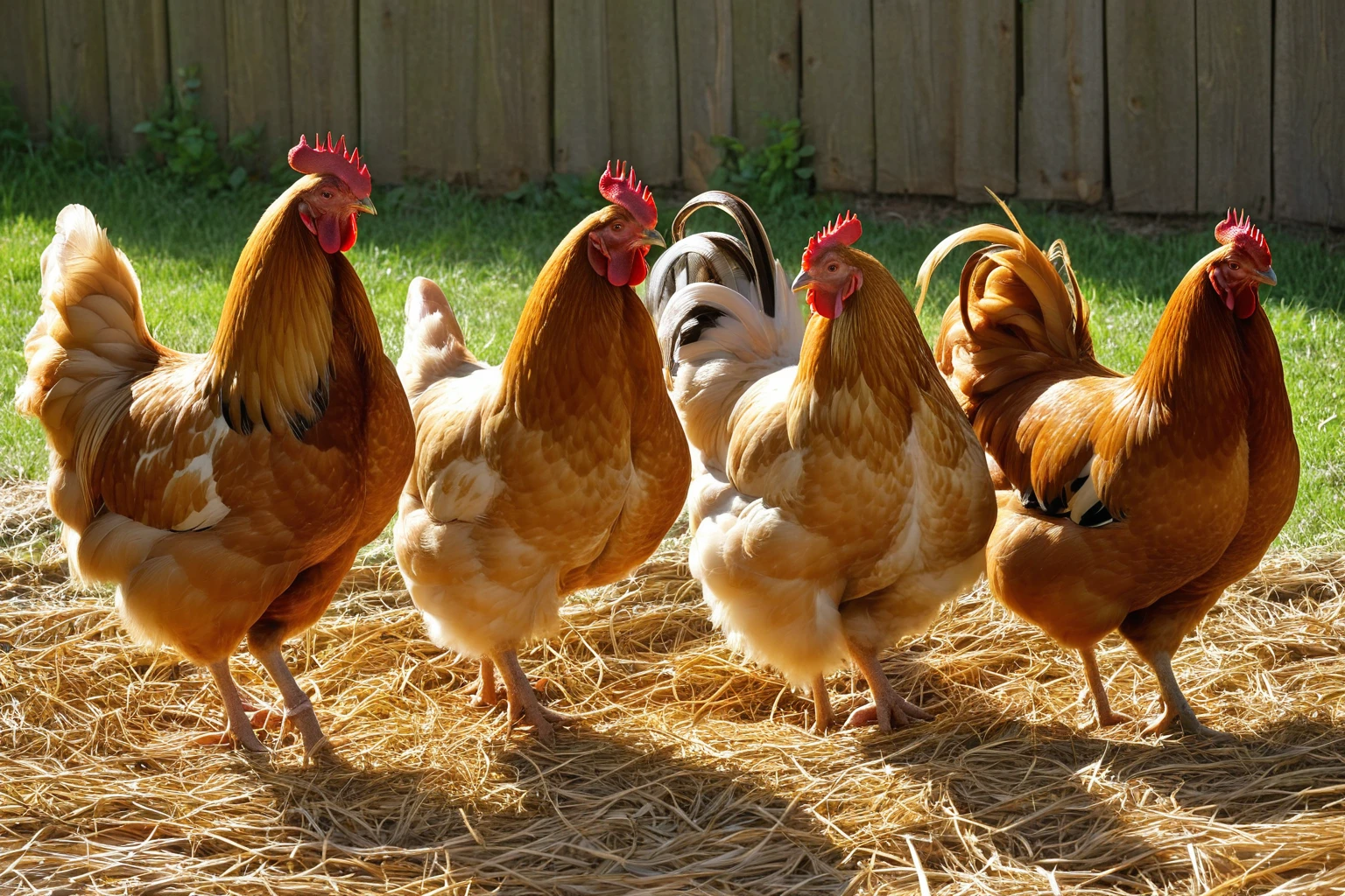 AI-generated editorial image of a small Buff Orpington flock standing on straw beside a weathered-wood fence