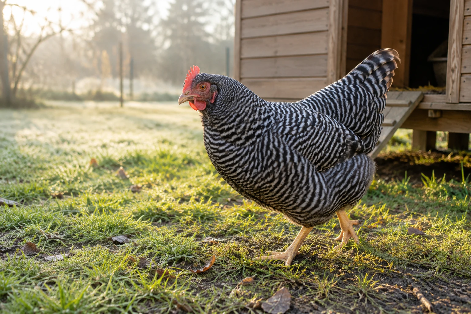 AI-generated editorial image of a black-and-white barred chicken standing near a wooden coop