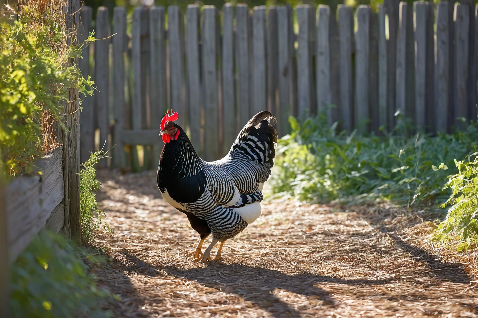 AI-generated editorial image of a barred Plymouth Rock hen beside a weathered wooden coop
