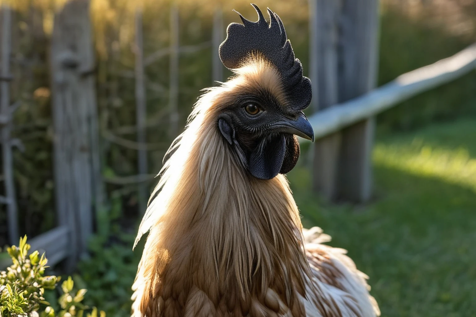 AI-generated editorial image of a small Silkie Bantam flock with feathered shanks foraging in a sunlit backyard