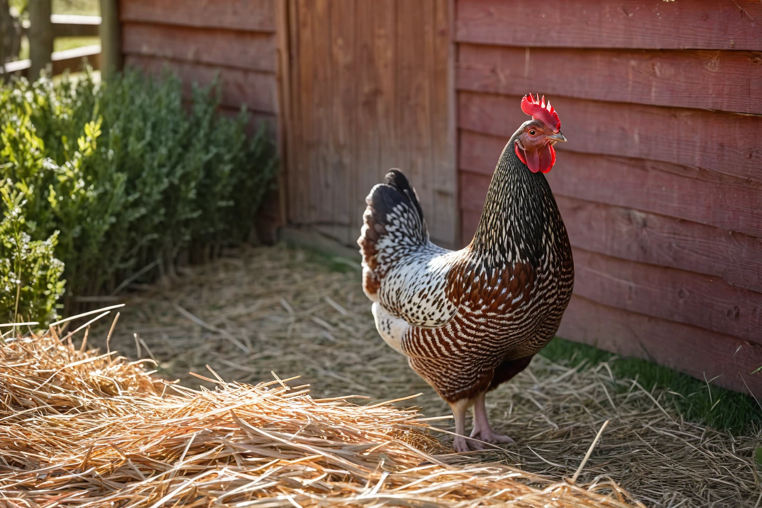 AI-generated editorial image of a Speckled Sussex hen with mahogany-and-white plumage beside a wooden coop
