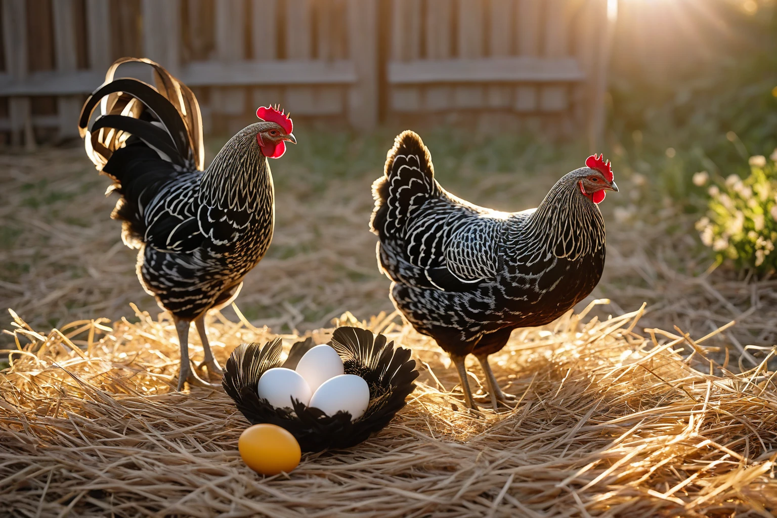 AI-generated editorial image of a Silver Laced Wyandotte hen standing on straw beside white eggs