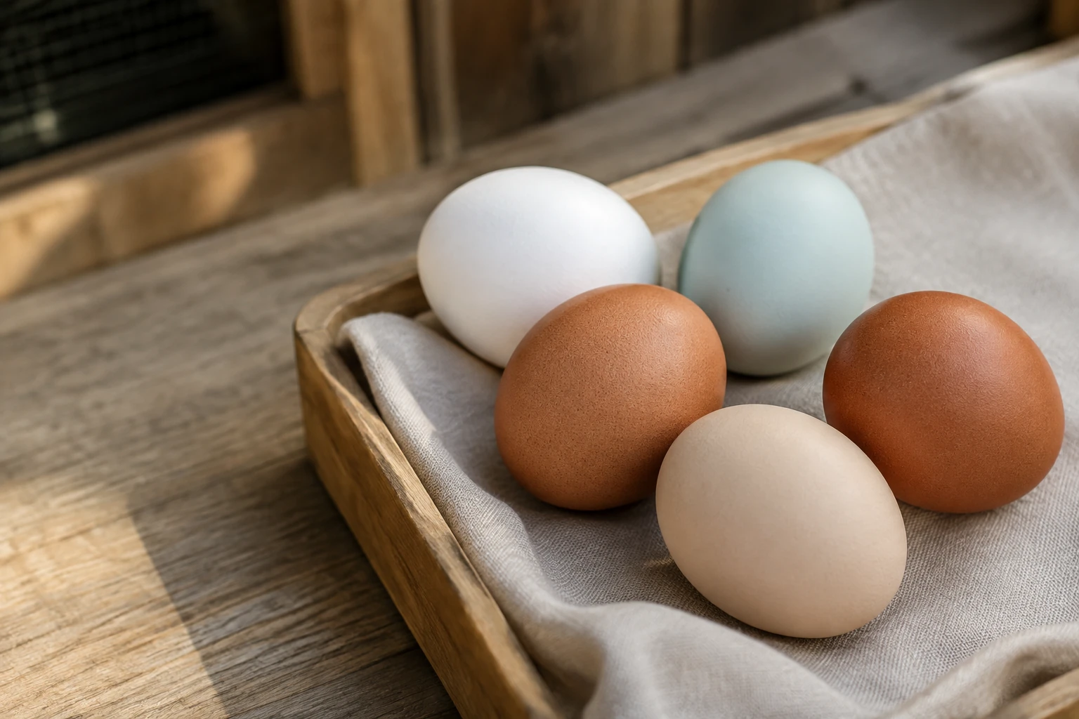 AI-generated editorial image of five white, blue, cream, and brown eggs arranged in a cloth-lined wooden tray