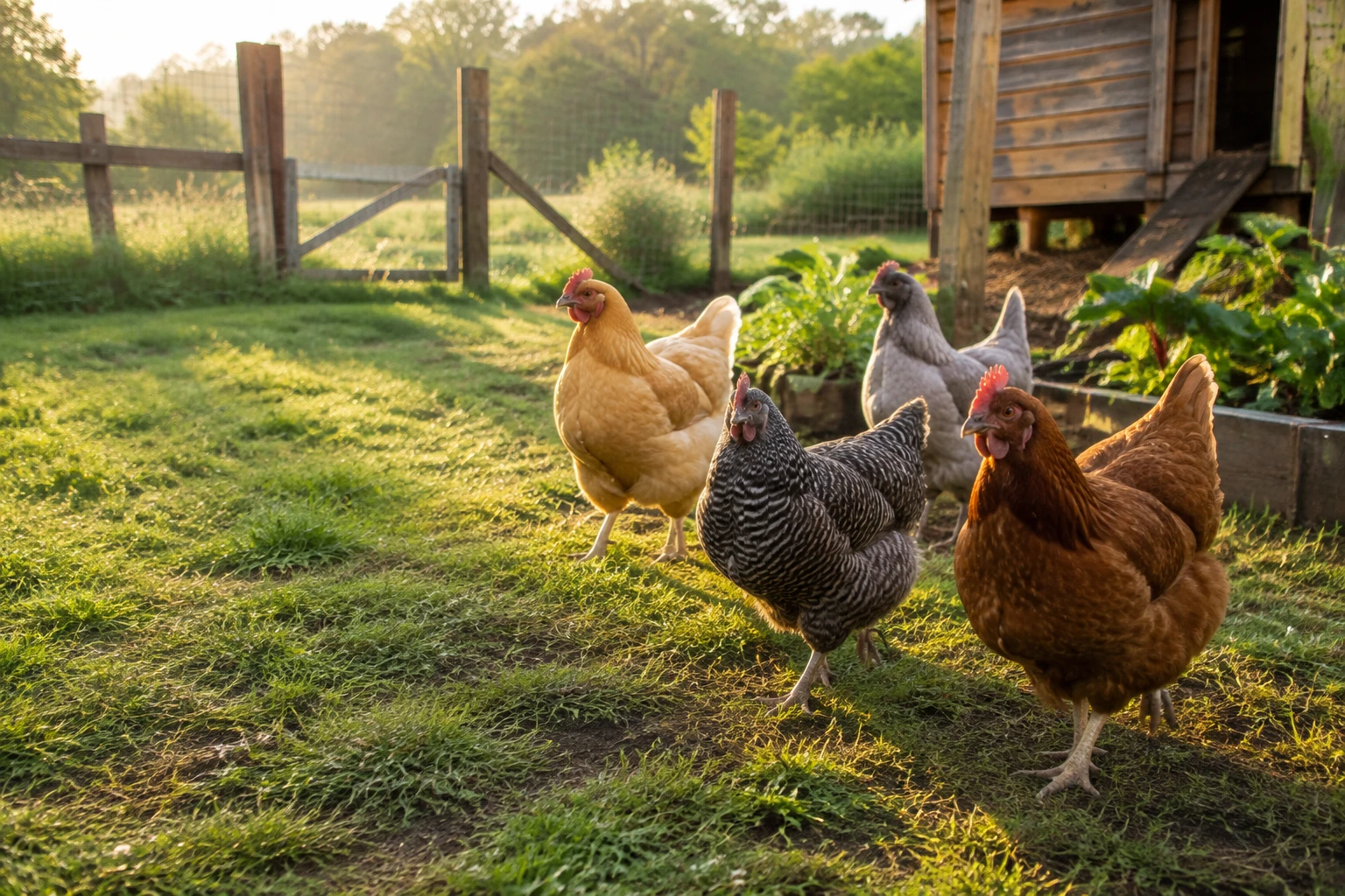 A mixed flock of chickens foraging beside a wooden backyard coop
